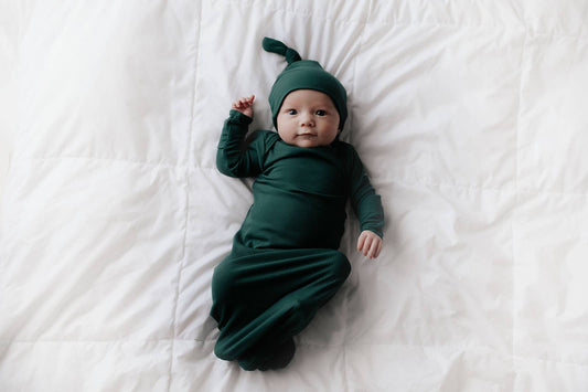 Three Little Tots - Forest Green Ribbed Knotted Gown: Gown & Hat